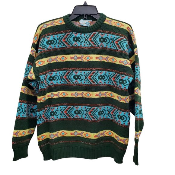 Vintage Other - Sepa Men's Vintage 1980s‎ Green Yellow Southwestern Navajo Knit Cosby Sweater L
